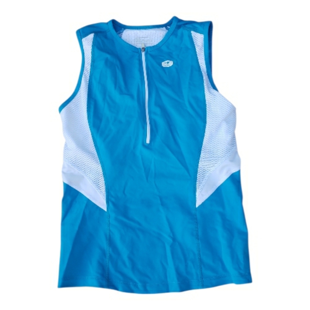 TWO Women's Athletic Tops.  SUGOI Blue and White.  HAPARI Blue, Lime Brown.